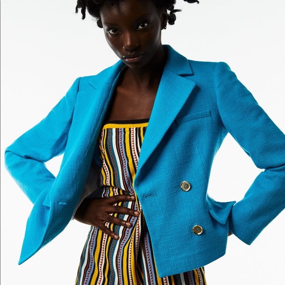 Zara Cropped Textured Tweed Blazer Blue 